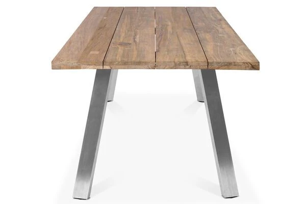 OUTFLEXX Esstisch, Edelstahl/recyceltes FSC®-Teak, 200x100cm, A-Gestell, Rustikal Gebürstet 3 OUTFLEXX Esstisch, Edelstahl/recyceltes FSC®-Teak, 200x100cm, A-Gestell, Rustikal Gebürstet – Bild 3