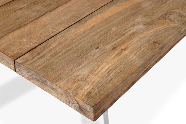 OUTFLEXX Esstisch, Edelstahl/recyceltes FSC®-Teak, 200x100cm, A-Gestell, Rustikal Gebürstet 4 OUTFLEXX Esstisch, Edelstahl/recyceltes FSC®-Teak, 200x100cm, A-Gestell, Rustikal Gebürstet – Bild 4